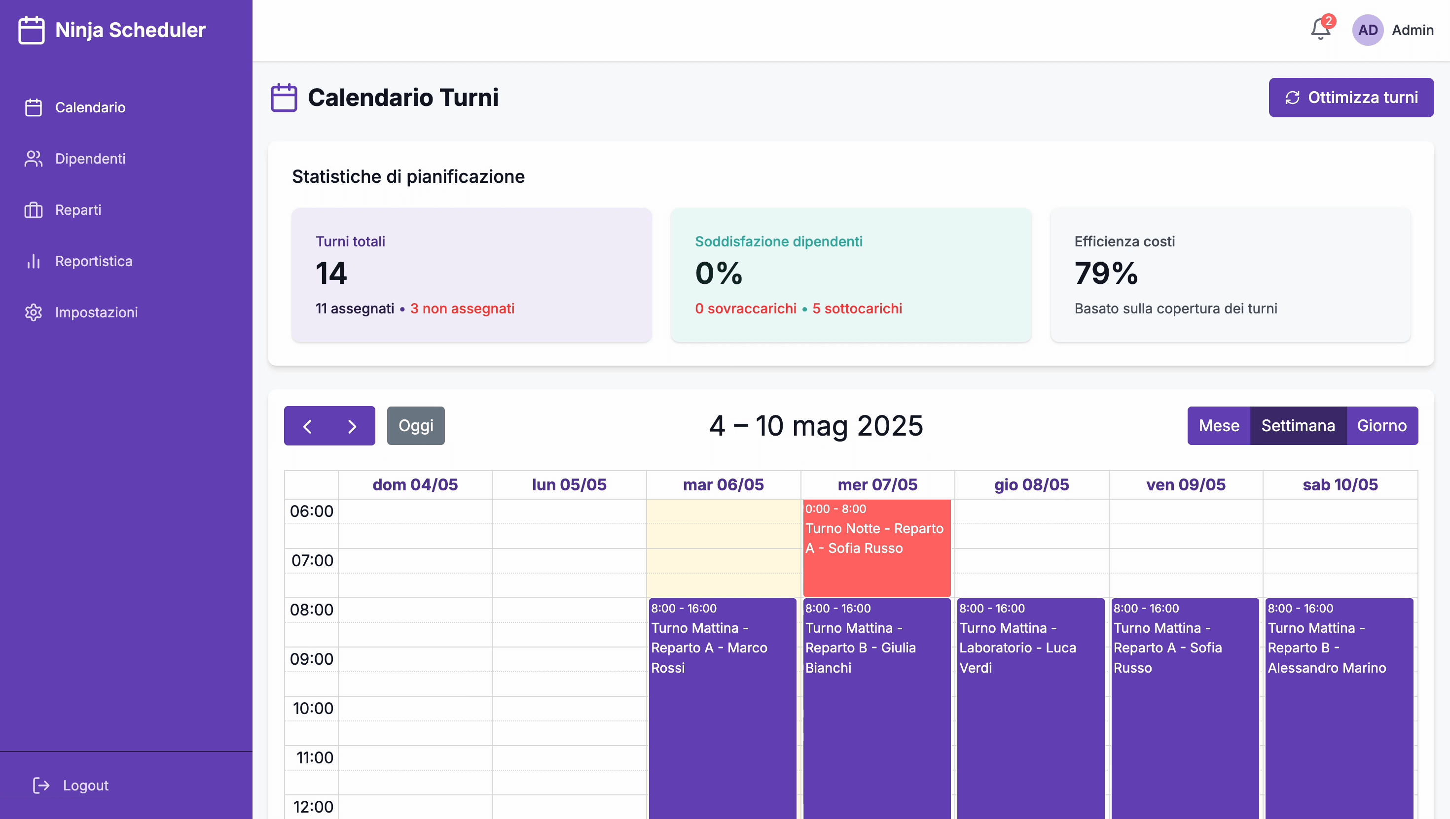 Screenshot pianificazione dei turni